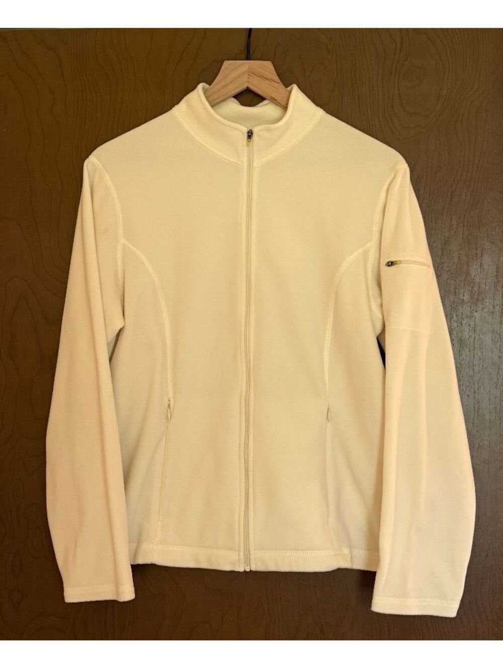 L.L. Bean Fleece Full Zip Jacket Cream Sz M Pockets Mock Neck Cozy Gorpcore